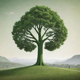 Design a high-definition, 3D-style environmental poster featuring a prominent central tree. Modern-stylized, back-facing individuals, some backpacking, reside in the distance. Balance a faintly green, expansive landscape against a distant skyline. The poster should celebrate the harmony between humans and the natural environment.