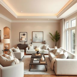 A beautifully designed living space featuring neutral-colored walls, elegantly decorated with subtle accents