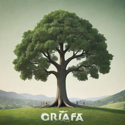 Design a high-definition, 3D-style environmental poster featuring a prominent central tree. Modern-stylized, back-facing individuals, some backpacking, reside in the distance. Balance a faintly green, expansive landscape against a distant skyline. The poster should celebrate the harmony between humans and the natural environment.