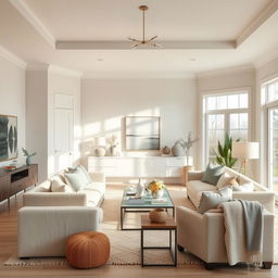 A beautifully designed living space featuring neutral-colored walls, elegantly decorated with subtle accents