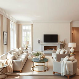 A beautifully designed living space featuring neutral-colored walls, elegantly decorated with subtle accents