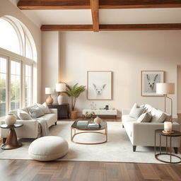 A beautifully designed living space featuring neutral-colored walls, elegantly decorated with subtle accents