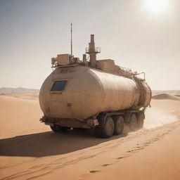 A resilient desertpunk tanker, designed with sun-weathered materials, wind-powered turbines, and shade cloths, journeying through a sea of shifting, sun-drenched desert sands under a sky of relentless, blinding sun.