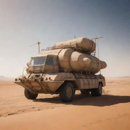 A resilient desertpunk tanker, designed with sun-weathered materials, wind-powered turbines, and shade cloths, journeying through a sea of shifting, sun-drenched desert sands under a sky of relentless, blinding sun.