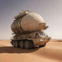 A resilient desertpunk tanker, designed with sun-weathered materials, wind-powered turbines, and shade cloths, journeying through a sea of shifting, sun-drenched desert sands under a sky of relentless, blinding sun.