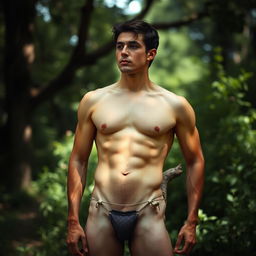 A nude man in a natural setting, confidently displaying his physique