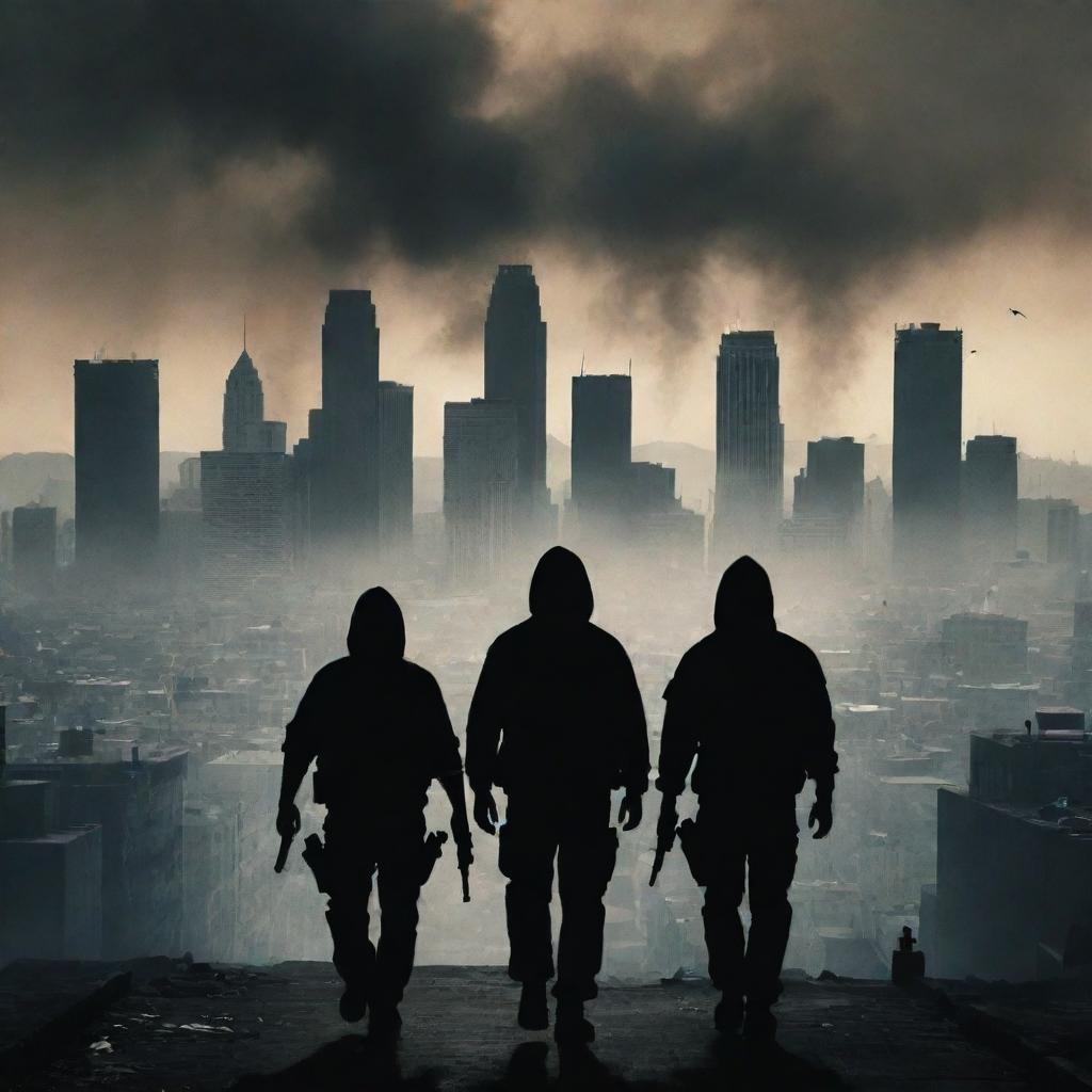 A cartel gang creating chaos and fear as they invade a city, their outlines silhouetted against the smoky and unnerving cityscape.