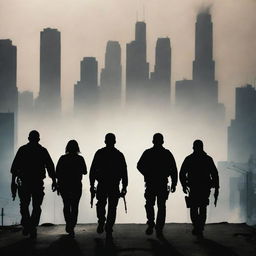 A cartel gang creating chaos and fear as they invade a city, their outlines silhouetted against the smoky and unnerving cityscape.