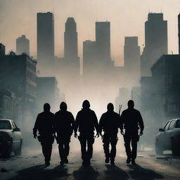 A cartel gang creating chaos and fear as they invade a city, their outlines silhouetted against the smoky and unnerving cityscape.