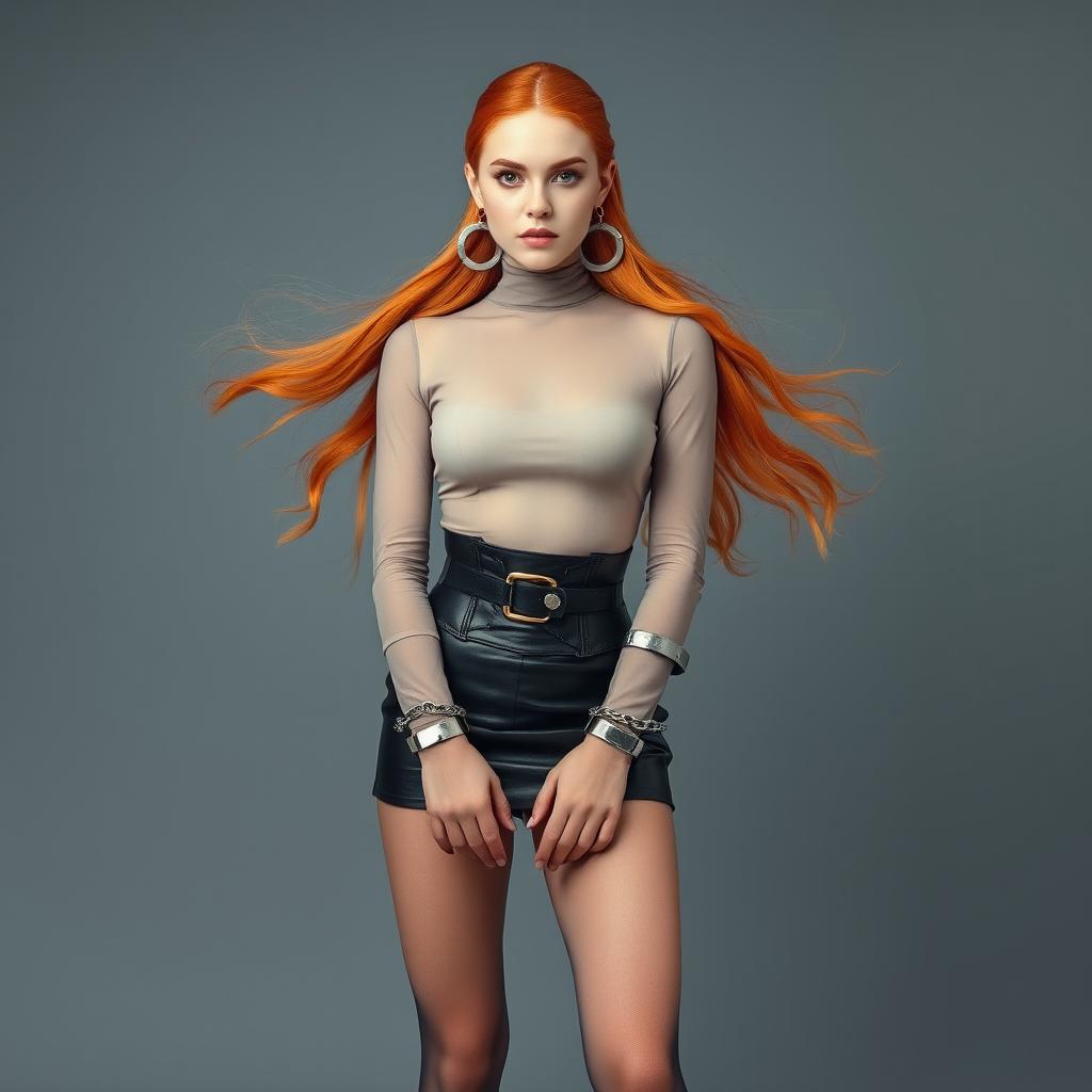 A captivating full-body portrait of a young woman with flowing orange hair and large earrings, showcasing her pale skin