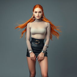 A captivating full-body portrait of a young woman with flowing orange hair and large earrings, showcasing her pale skin