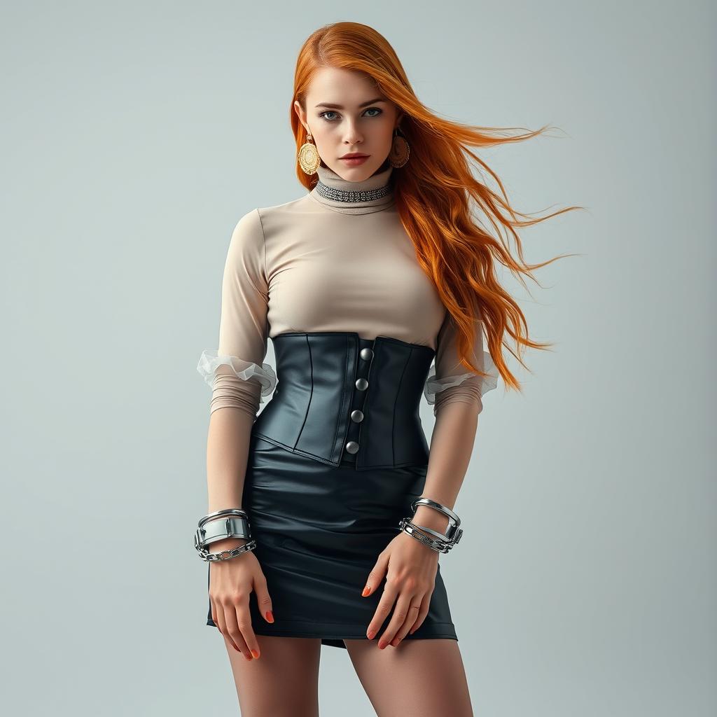 A captivating full-body portrait of a young woman with flowing orange hair and large earrings, showcasing her pale skin