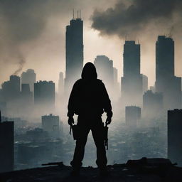 A cartel gang creating chaos and fear as they invade a city, their outlines silhouetted against the smoky and unnerving cityscape.