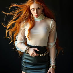 A detailed full body portrait of a young woman with long, flowing orange hair and large eye-catching earrings, displaying her pale skin