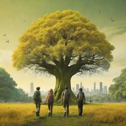 Construct a high-definition, 3D-styled, bright environmental poster with a dominant central tree. Modern-stylized individuals, some with backpacks, act as distant guardians. Amid a far-off skyline, the expansive landscape unfolds in vibrant yet mellow yellow-green hues, highlighting human-nature symbiosis.