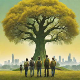 Construct a high-definition, 3D-styled, bright environmental poster with a dominant central tree. Modern-stylized individuals, some with backpacks, act as distant guardians. Amid a far-off skyline, the expansive landscape unfolds in vibrant yet mellow yellow-green hues, highlighting human-nature symbiosis.