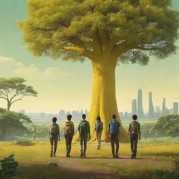 Construct a high-definition, 3D-styled, bright environmental poster with a dominant central tree. Modern-stylized individuals, some with backpacks, act as distant guardians. Amid a far-off skyline, the expansive landscape unfolds in vibrant yet mellow yellow-green hues, highlighting human-nature symbiosis.