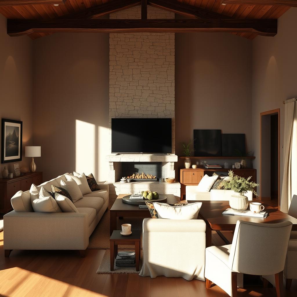 A cozy living and dining area featuring a beautifully designed existing chimney that serves as a focal point