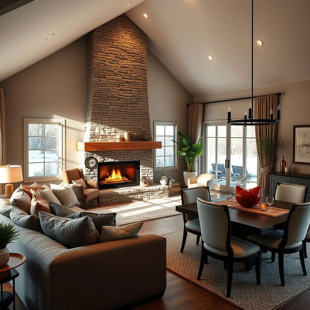 A cozy living and dining area featuring a beautifully designed existing chimney that serves as a focal point