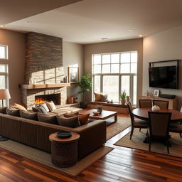 A cozy living and dining area featuring a beautifully designed existing chimney that serves as a focal point