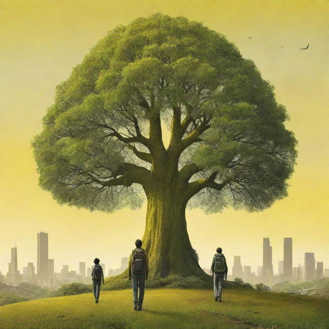 Construct a high-definition, 3D-styled, bright environmental poster with a dominant central tree. Modern-stylized individuals, some with backpacks, act as distant guardians. Amid a far-off skyline, the expansive landscape unfolds in vibrant yet mellow yellow-green hues, highlighting human-nature symbiosis.