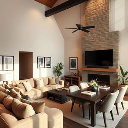 A cozy living and dining area featuring a beautifully designed existing chimney that serves as a focal point