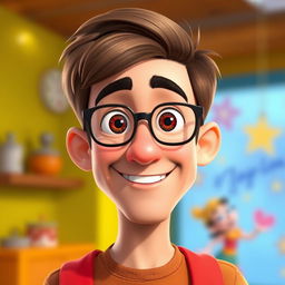 A character design of a Pixar-style animated man in his 35th year, featuring short brown hair, a medium-sized nose, and expressive brown eyes