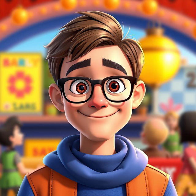 A character design of a Pixar-style animated man in his 35th year, featuring short brown hair, a medium-sized nose, and expressive brown eyes