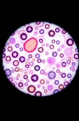 A detailed and vibrant histology slide showing various cell types under a microscope