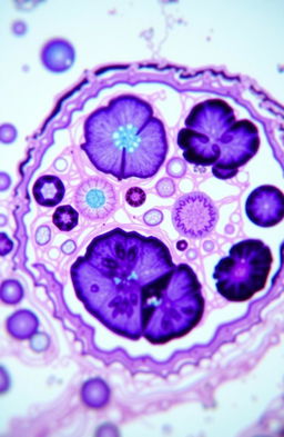 A detailed and vibrant histology slide showing various cell types under a microscope