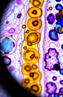 A detailed and vibrant histology slide showing various cell types under a microscope