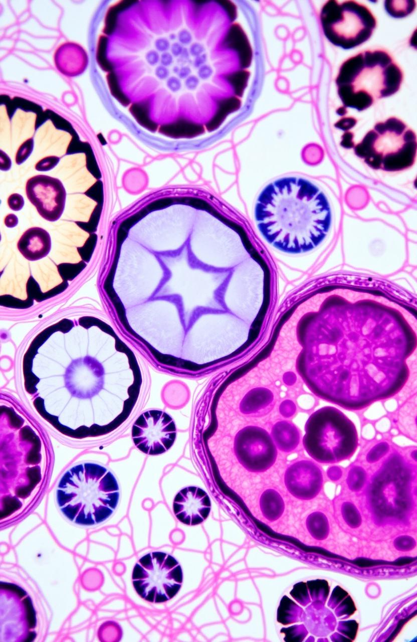 A detailed and vibrant histology slide showing various cell types under a microscope