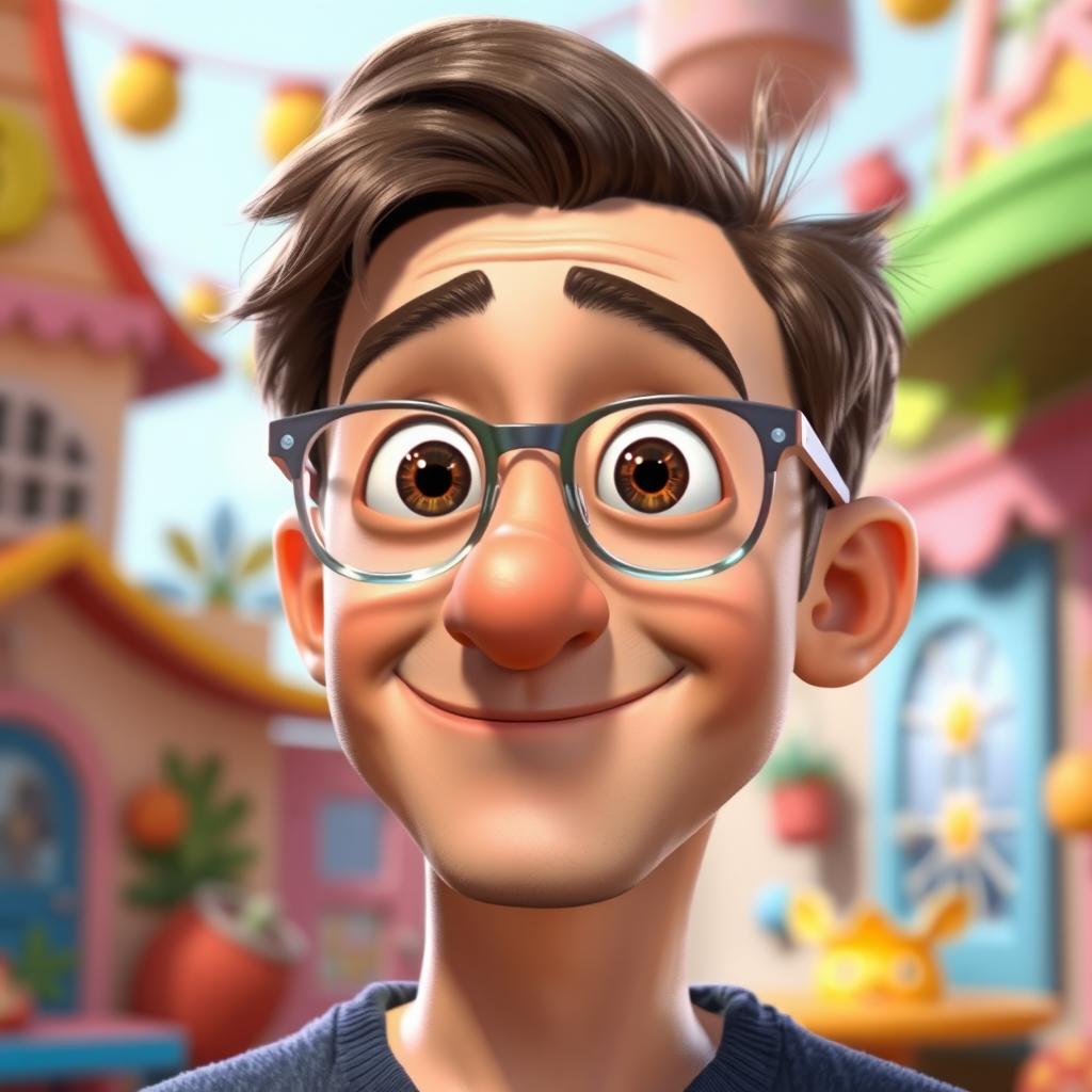 A Pixar-style animated character of a man in his mid-30s, featuring short brown hair and a pronounced big nose