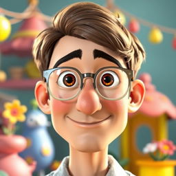 A Pixar-style animated character of a man in his mid-30s, featuring short brown hair and a pronounced big nose