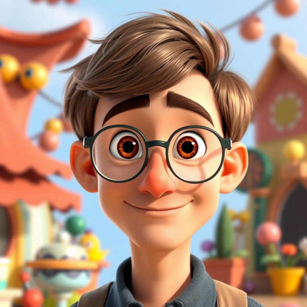 A Pixar-style animated character of a man in his mid-30s, featuring short brown hair and a pronounced big nose