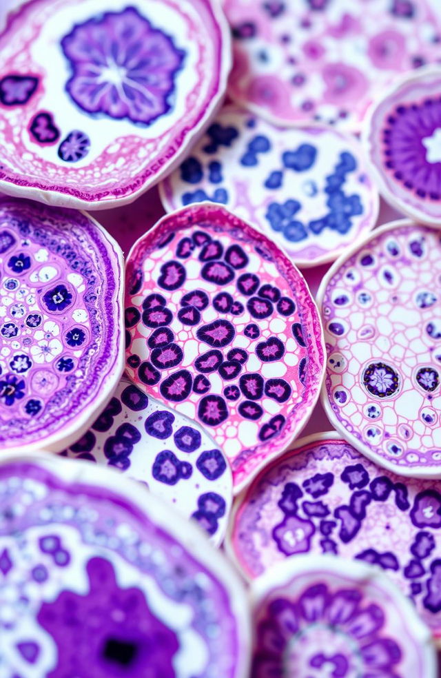 A detailed high-resolution image of histology slides displaying various types of cells and tissues