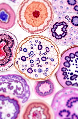 A detailed high-resolution image of histology slides displaying various types of cells and tissues