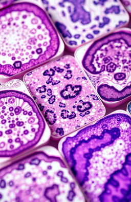 A detailed high-resolution image of histology slides displaying various types of cells and tissues