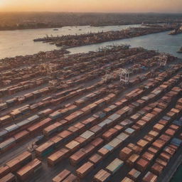 A busy commercial port filled with colossal container ships. Sun is setting, casting golden light that reflects off the multicolored containers stacked neatly atop the ships.