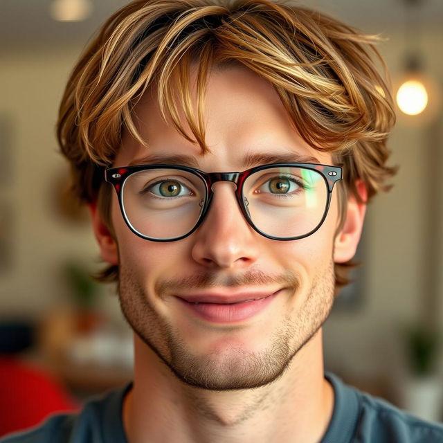 A charming young man in his late 30s, characterized by light brown, disheveled hair styled with bangs