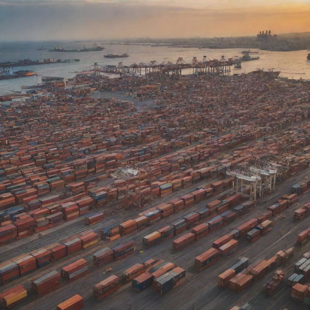 A busy commercial port filled with colossal container ships. Sun is setting, casting golden light that reflects off the multicolored containers stacked neatly atop the ships.