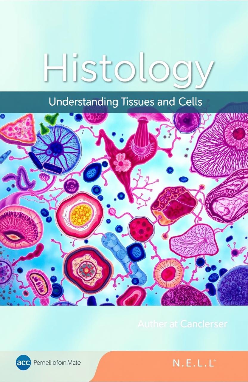 A visually engaging book cover for a histology textbook featuring a vibrant, colorful illustration of various human tissues under a microscope