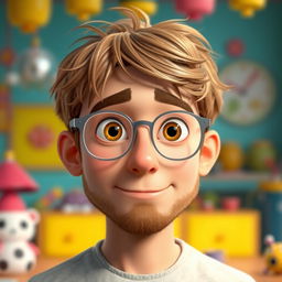 A Pixar-style animated character of a young man in his late 30s, showcasing light brown, disheveled hair styled with bangs