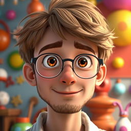 A Pixar-style animated character of a young man in his late 30s, showcasing light brown, disheveled hair styled with bangs