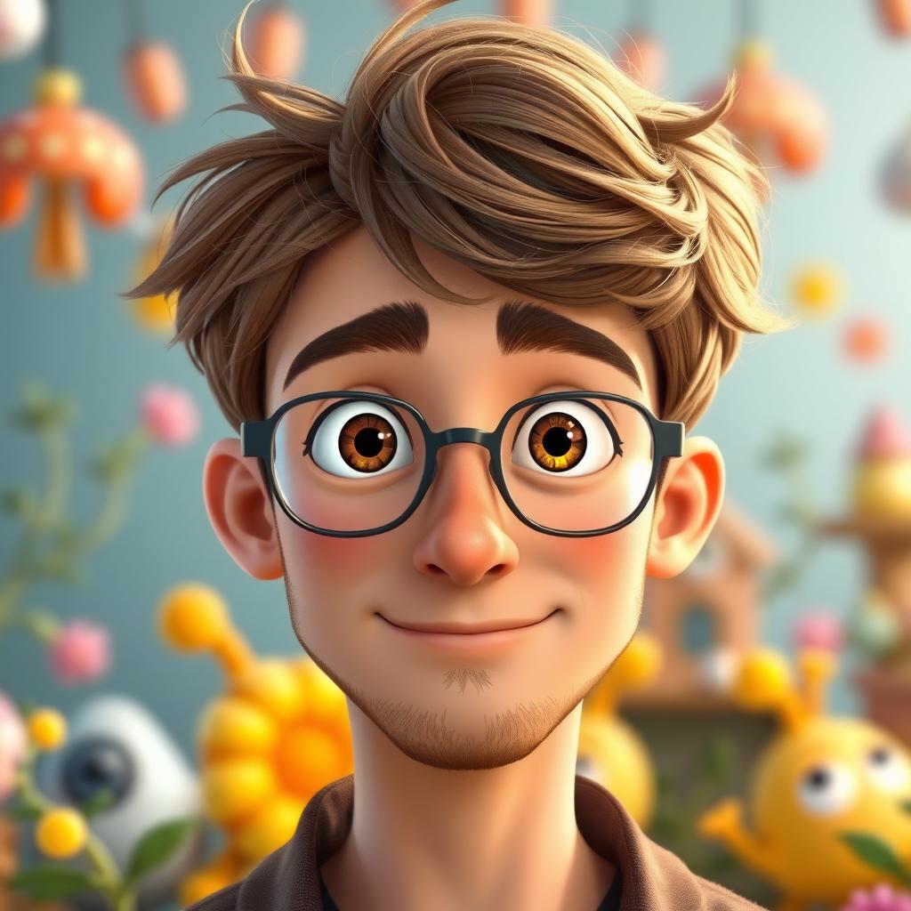 A Pixar-style animated character of a young man in his late 30s, showcasing light brown, disheveled hair styled with bangs