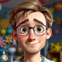 A Pixar-style animated character of a young man in his late 30s, showcasing light brown, disheveled hair styled with bangs