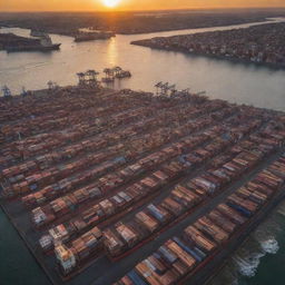 A busy commercial port filled with colossal container ships. Sun is setting, casting golden light that reflects off the multicolored containers stacked neatly atop the ships.