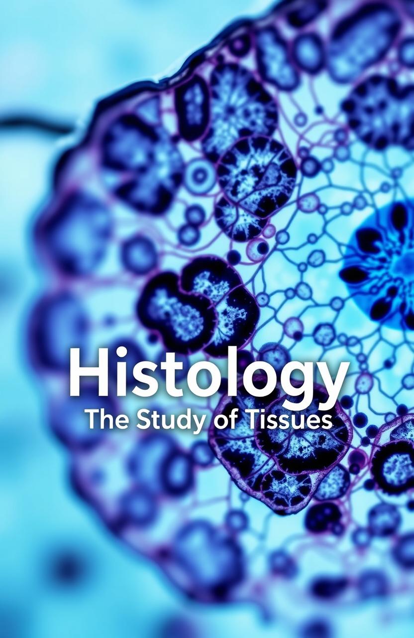 A captivating book cover design for a new Histology textbook, featuring a close-up of beautifully stained tissue samples under a microscope, showcasing intricate cellular structures