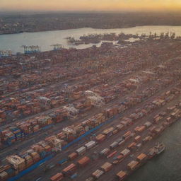 A busy commercial port filled with colossal container ships. Sun is setting, casting golden light that reflects off the multicolored containers stacked neatly atop the ships.