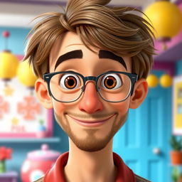 A Pixar-style animated character of a man in his late 30s, featuring light brown, disheveled hair styled with bangs